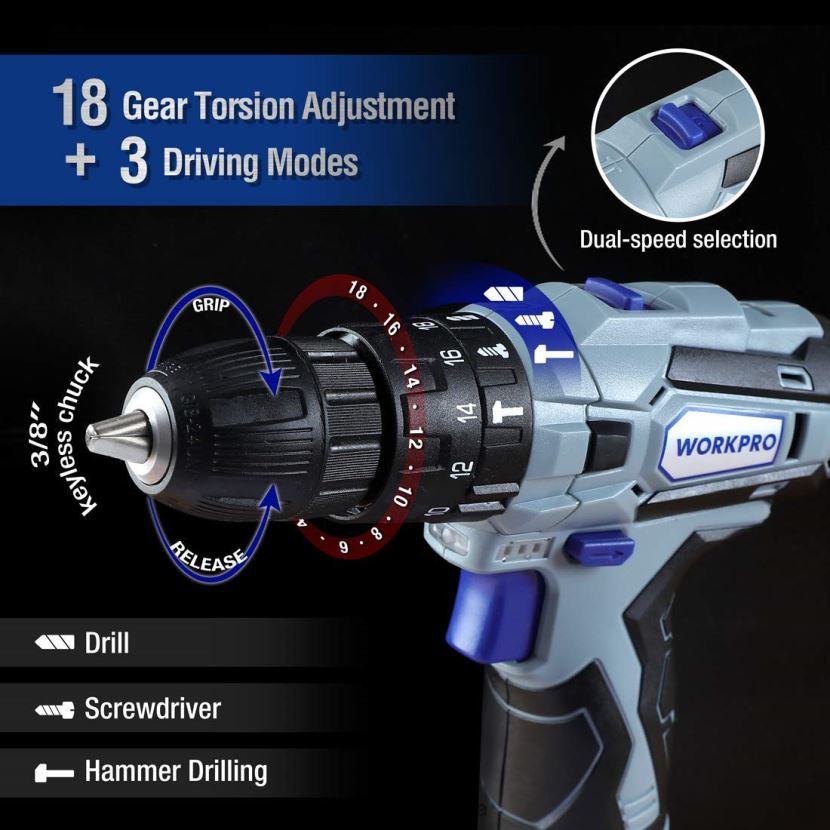 Useful WORKPRO Face Clamp & 12V Cordless Drill and Home Tool Kit & 10 Pcs Pro Spade Drill Bit Set & 4-in-1 Staple Gun Heavy-Duty Tool ZNRDXV318