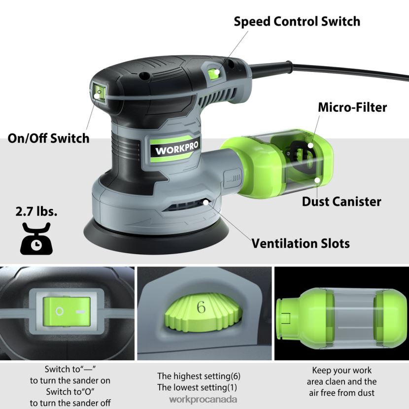 Useful WORKPRO 2.5 Amp Electric 5-Inch Random Orbit Sander, 6 Variable Speeds 7000 to 14000 RPM Tool ZNRDXV233