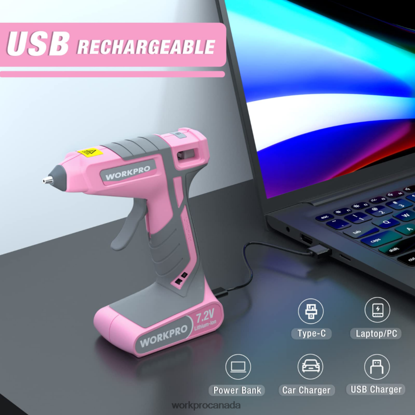 Pink/White WORKPRO 7.2V Cordless Hot Melt Glue Gun Kit Tool ZNRDXV164