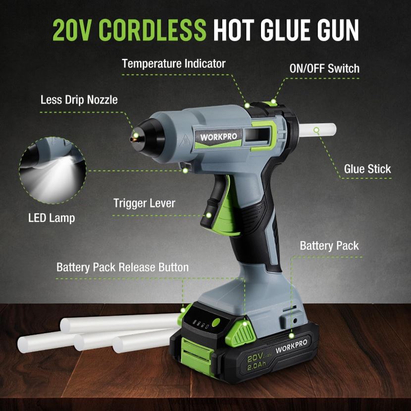 Useful WORKPRO Cordless Hot Glue Gun Kit with 12 Pcs Glue Sticks, 20V 2.0 Ah Li-ion Battery Tool ZNRDXV165