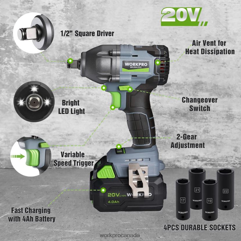 Morden WORKPRO 20V Cordless Impact Wrench, with 4.0 Ah Battery, Fast Charger, 4 Impact Sockets and Storage Case Tool ZNRDXV188