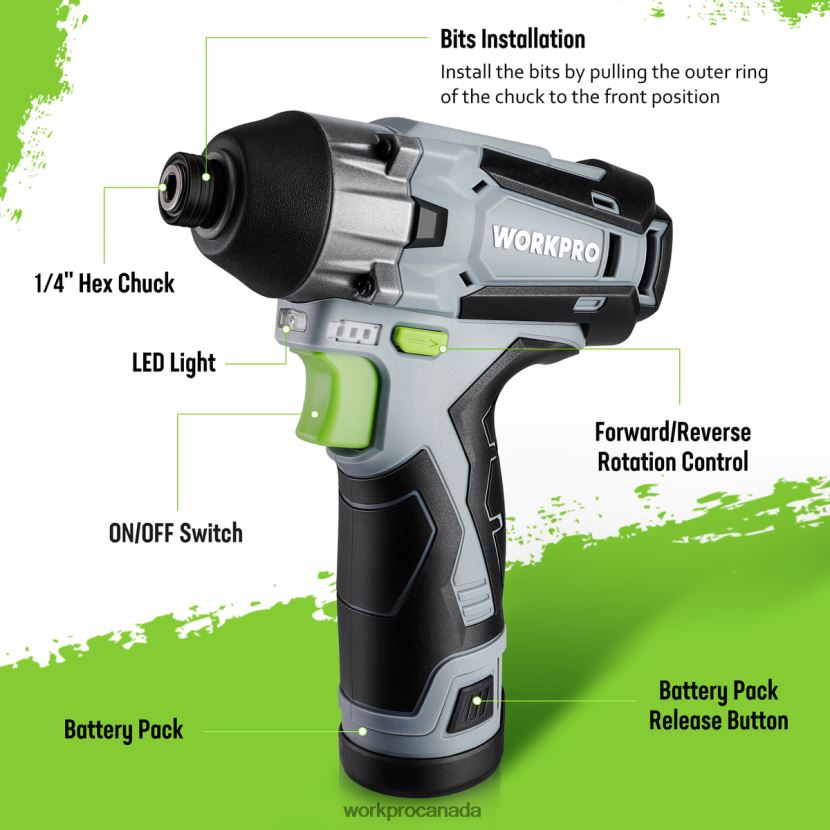 New WORKPRO 12V Cordless Impact Driver Kit, Hex Electric Impact Drill/Driver Set with 2.0Ah Lithium-ion Battery Tool ZNRDXV190