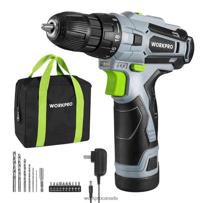 Green WORKPRO 12V Electric Cordless Drill Driver Kit Keyless Chuck, Charger and Storage Bag Included Tool ZNRDXV177