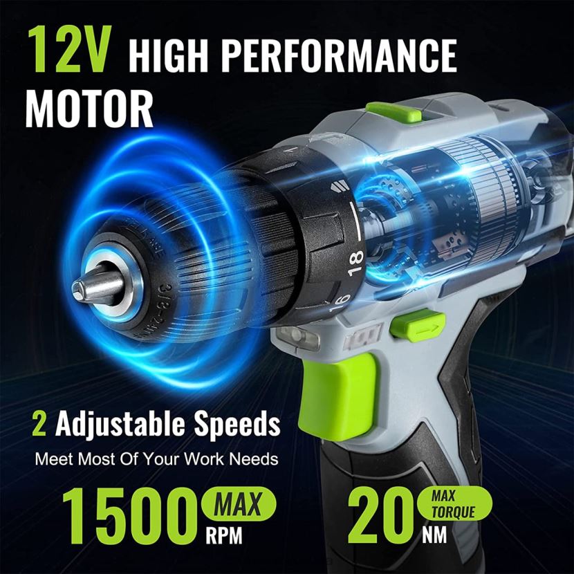 Green WORKPRO 12V Electric Cordless Drill Driver Kit Keyless Chuck, Charger and Storage Bag Included Tool ZNRDXV177