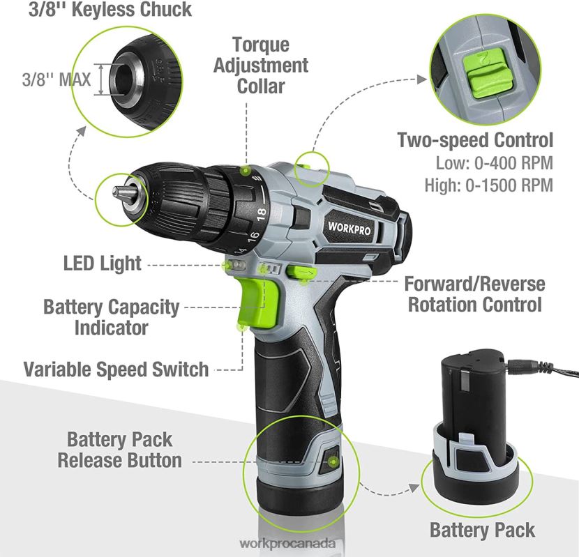 Green WORKPRO 12V Electric Cordless Drill Driver Kit Keyless Chuck, Charger and Storage Bag Included Tool ZNRDXV177