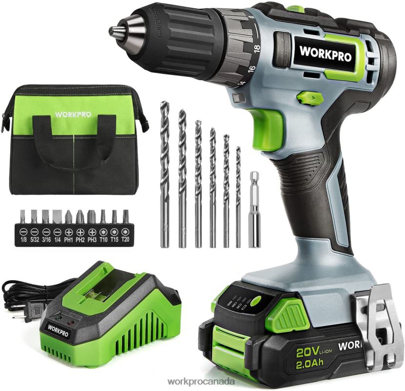 Green WORKPRO 20V Cordless Drill Driver Kit, 2.0 Ah Li-ion Battery, 1 Hour Fast Charger and 11-inch Storage Bag Included Tool ZNRDXV176