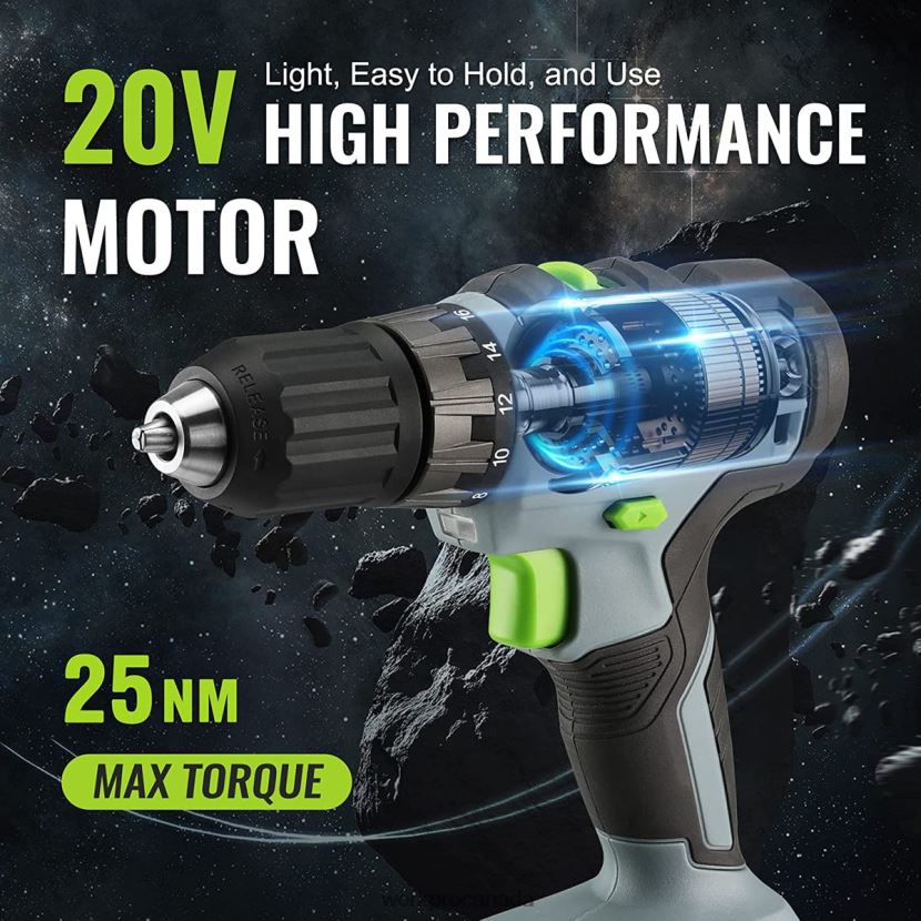 Green WORKPRO 20V Cordless Drill Driver Kit, 2.0 Ah Li-ion Battery, 1 Hour Fast Charger and 11-inch Storage Bag Included Tool ZNRDXV176