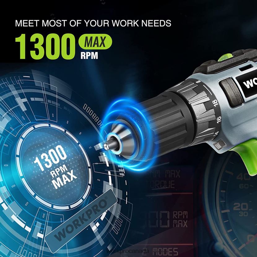 Green WORKPRO 20V Cordless Drill Driver Kit, 2.0 Ah Li-ion Battery, 1 Hour Fast Charger and 11-inch Storage Bag Included Tool ZNRDXV176