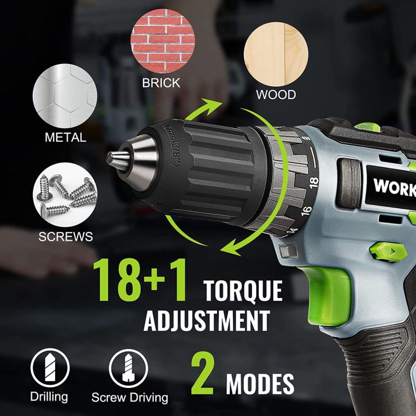 Green WORKPRO 20V Cordless Drill Driver Kit, 2.0 Ah Li-ion Battery, 1 Hour Fast Charger and 11-inch Storage Bag Included Tool ZNRDXV176