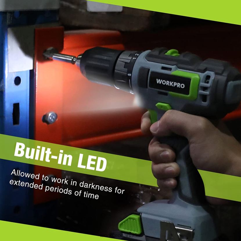 Green WORKPRO 20V Cordless Drill Driver Kit, 2.0 Ah Li-ion Battery, 1 Hour Fast Charger and 11-inch Storage Bag Included Tool ZNRDXV176