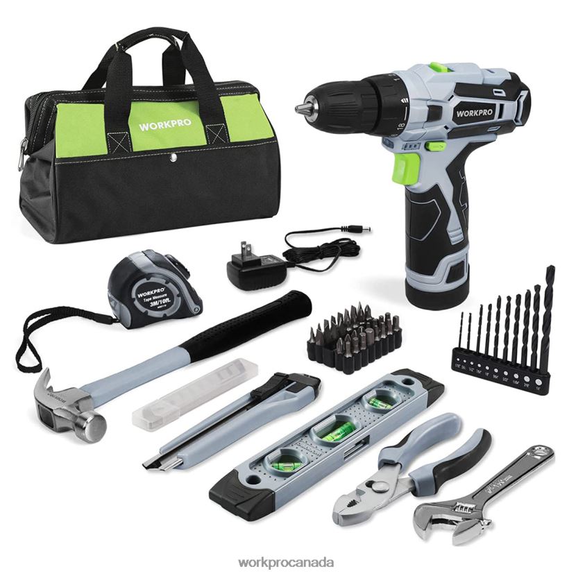 Grey WORKPRO 61 Pcs 12V Cordless Drill and Home Tool Kit, 14-inch Storage Bag Included Tool ZNRDXV174