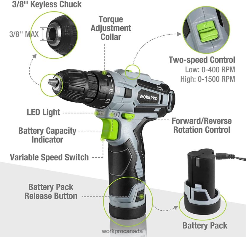 Grey WORKPRO 61 Pcs 12V Cordless Drill and Home Tool Kit, 14-inch Storage Bag Included Tool ZNRDXV174