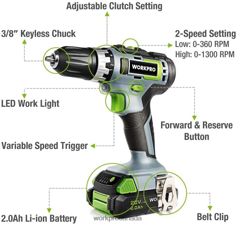 Morden WORKPRO 20V Variable Speed Cordless Drill/Driver Kit, 18+2 Torque Setting 2.0 Ah Li-ion Battery and 1 Hour Fast Charger Tool ZNRDXV172