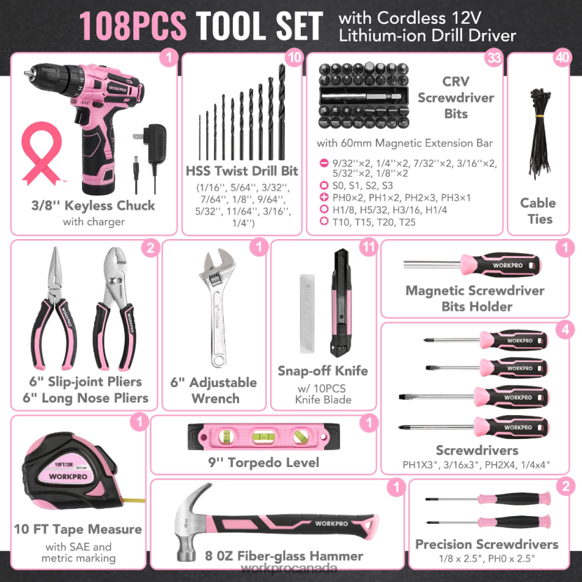 Pink/Grey WORKPRO 108-Piece Portable Tool Set with Power Drill Tool ZNRDXV173