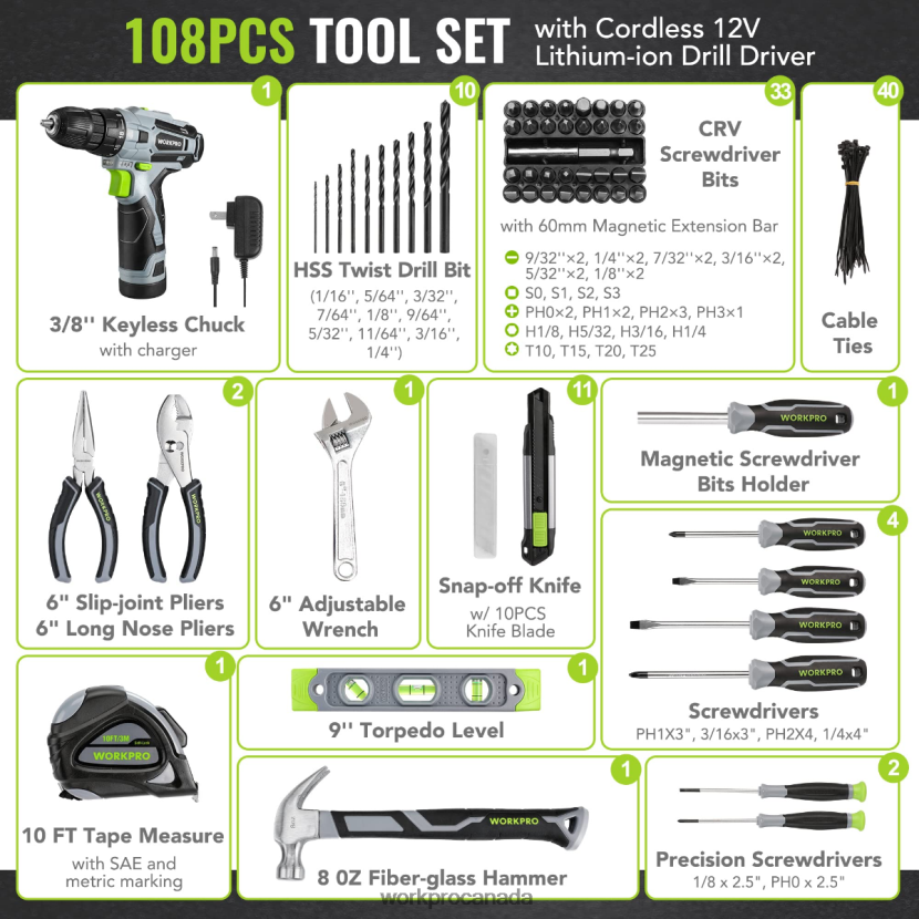 Pink/Grey WORKPRO 108-Piece Portable Tool Set with Power Drill Tool ZNRDXV173