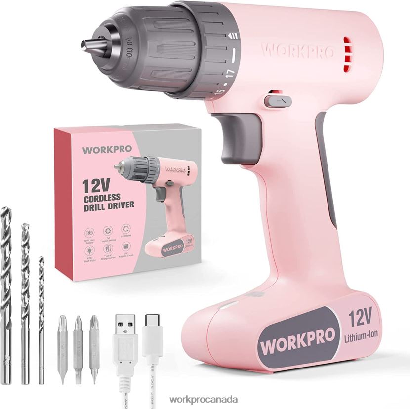 Pink/White WORKPRO 12V Cordless Drill Driver Set with 6 Pcs Bits, 3/8-Inch Keyless Chuck, Variable Speed, 18 Touque Setting Tool ZNRDXV175