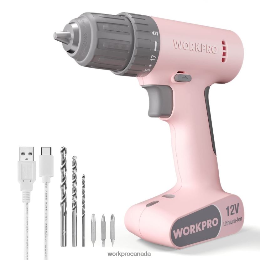Pink/White WORKPRO 12V Cordless Drill Driver Set with 6 Pcs Bits, 3/8-Inch Keyless Chuck, Variable Speed, 18 Touque Setting Tool ZNRDXV175