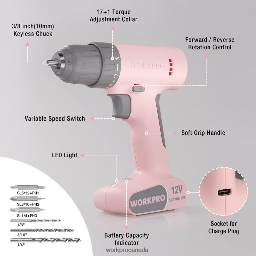 Pink/White WORKPRO 12V Cordless Drill Driver Set with 6 Pcs Bits, 3/8-Inch Keyless Chuck, Variable Speed, 18 Touque Setting Tool ZNRDXV175