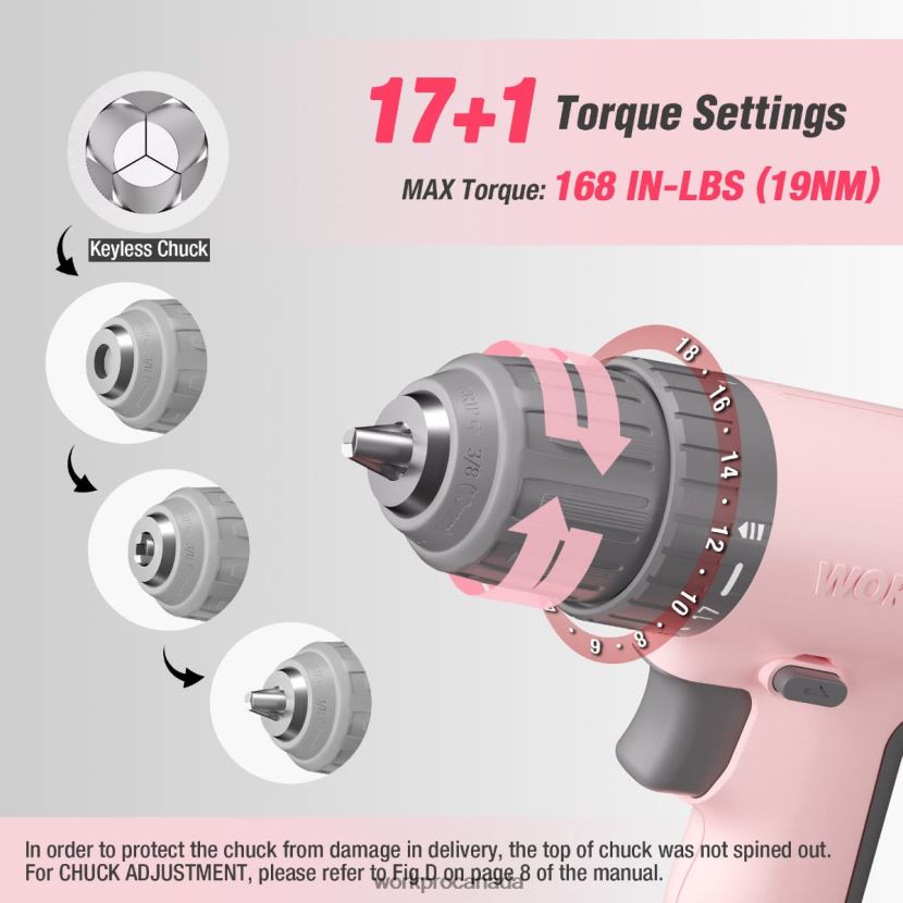 Pink/White WORKPRO 12V Cordless Drill Driver Set with 6 Pcs Bits, 3/8-Inch Keyless Chuck, Variable Speed, 18 Touque Setting Tool ZNRDXV175