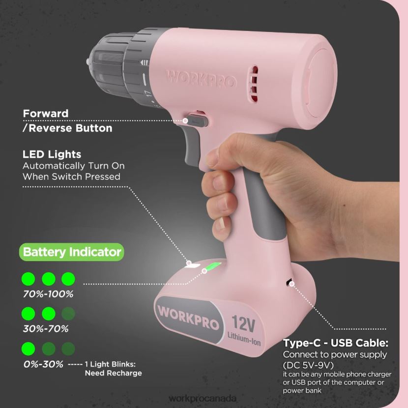 Pink/White WORKPRO 12V Cordless Drill Driver Set with 6 Pcs Bits, 3/8-Inch Keyless Chuck, Variable Speed, 18 Touque Setting Tool ZNRDXV175