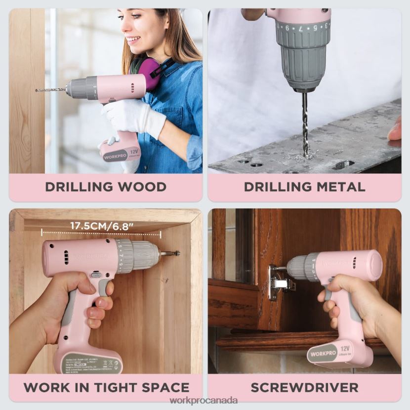Pink/White WORKPRO 12V Cordless Drill Driver Set with 6 Pcs Bits, 3/8-Inch Keyless Chuck, Variable Speed, 18 Touque Setting Tool ZNRDXV175