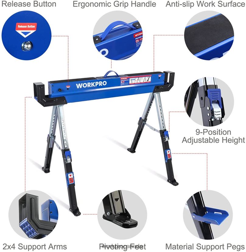 New WORKPRO 2 Pcs Folding Sawhorse Adjustable Heavy Duty Saw horse with 2x4 Support Arms, 3000 lbs Load Capacity, 24-32 inch Height Adjustable Legs, Pivoting Feet & Support Pegs Storage ZNRDXV35