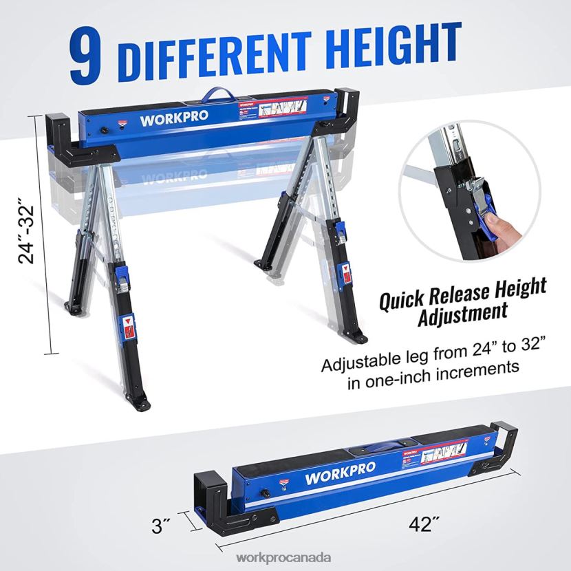 New WORKPRO 2 Pcs Folding Sawhorse Adjustable Heavy Duty Saw horse with 2x4 Support Arms, 3000 lbs Load Capacity, 24-32 inch Height Adjustable Legs, Pivoting Feet & Support Pegs Storage ZNRDXV35