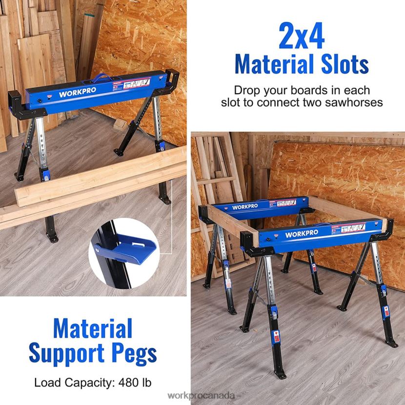 New WORKPRO 2 Pcs Folding Sawhorse Adjustable Heavy Duty Saw horse with 2x4 Support Arms, 3000 lbs Load Capacity, 24-32 inch Height Adjustable Legs, Pivoting Feet & Support Pegs Storage ZNRDXV35