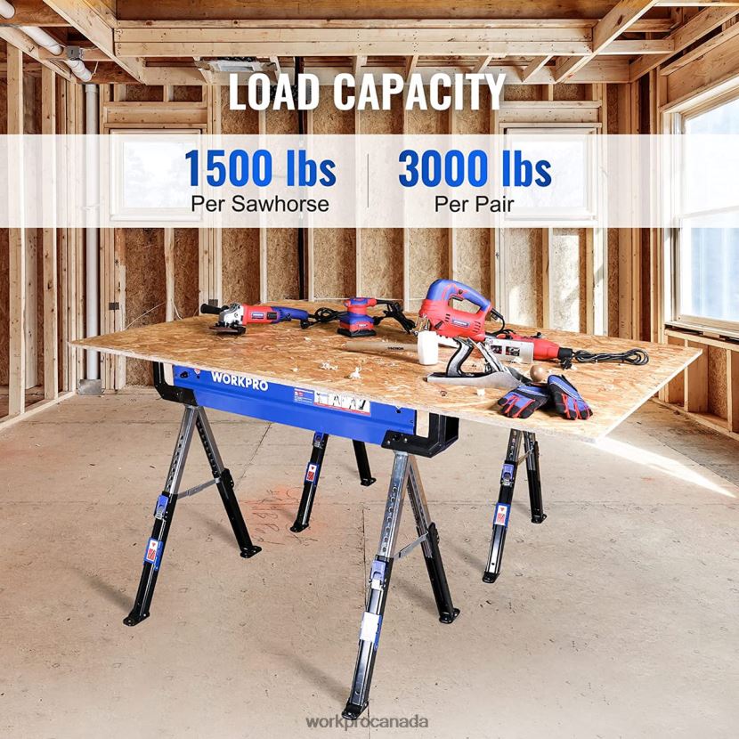 New WORKPRO 2 Pcs Folding Sawhorse Adjustable Heavy Duty Saw horse with 2x4 Support Arms, 3000 lbs Load Capacity, 24-32 inch Height Adjustable Legs, Pivoting Feet & Support Pegs Storage ZNRDXV35