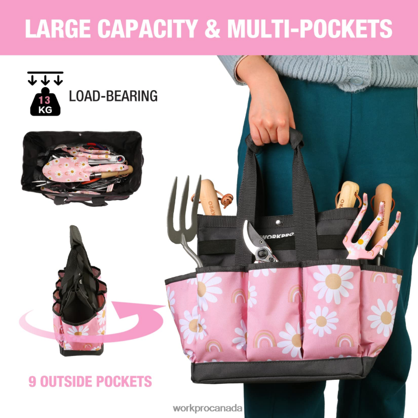 Floral White/Floral Pink WORKPRO Garden Tool Bag with 9 Pockets Storage ZNRDXV286