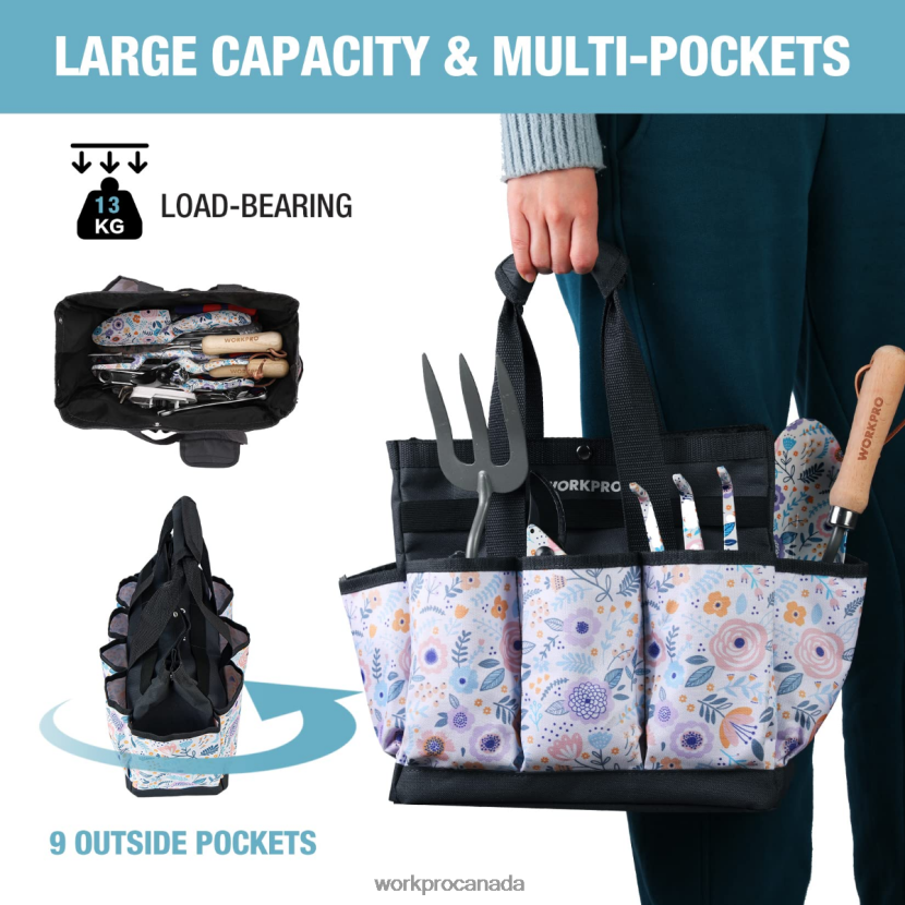 Floral White/Floral Pink WORKPRO Garden Tool Bag with 9 Pockets Storage ZNRDXV286