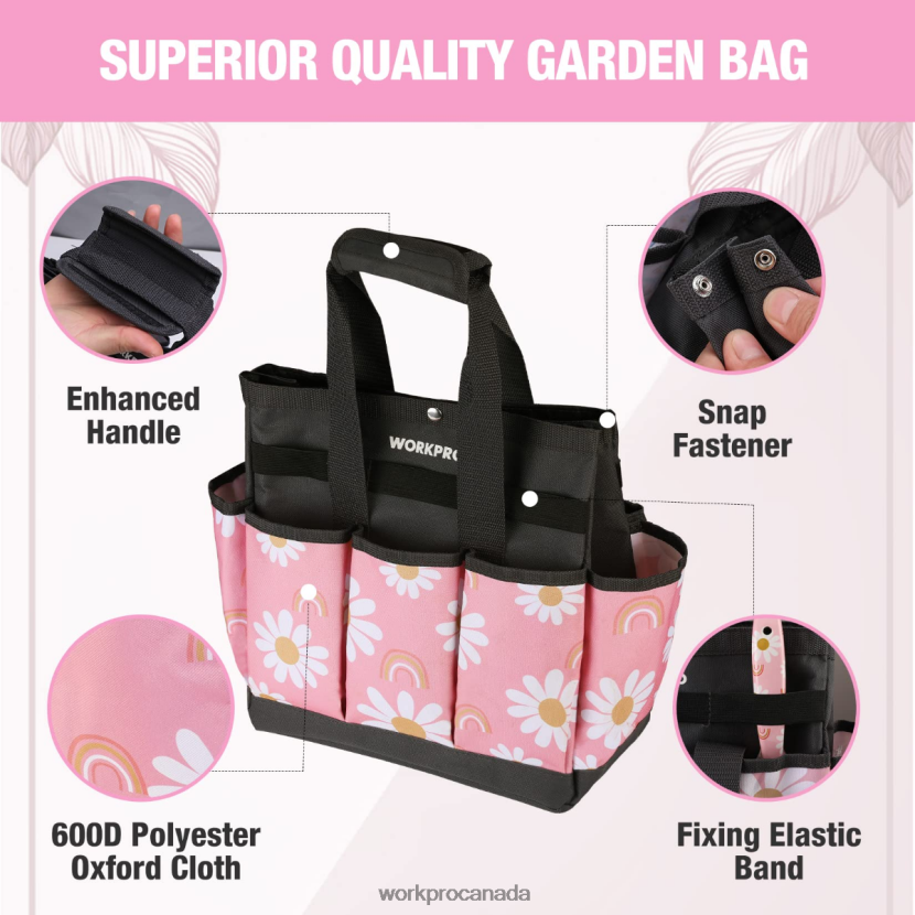 Floral White/Floral Pink WORKPRO Garden Tool Bag with 9 Pockets Storage ZNRDXV286