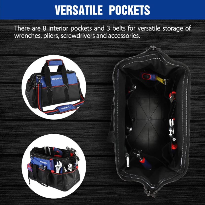 Helpful WORKPRO 16-inch Wide Mouth Tool Bag, Heavy Duty Cloth Tool Storage Bag with Water Proof Molded Base, Adjustable Shoulder Strap Storage ZNRDXV24