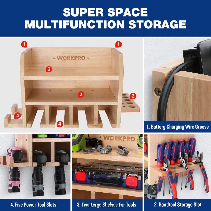 Helpful WORKPRO Power Tool Organizer, Cordless Drill Holder Storage Wall Mount with 5 Drill Hanging Slots, Solid Wooden Tool Storage Storage ZNRDXV19