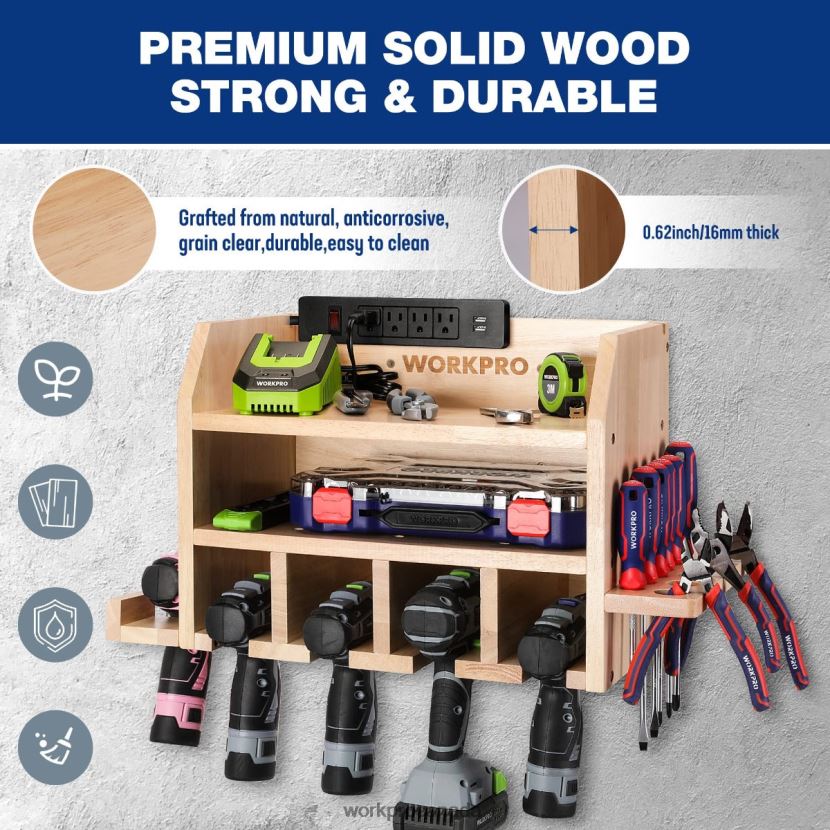 Helpful WORKPRO Power Tool Organizer, Cordless Drill Holder Storage Wall Mount with 5 Drill Hanging Slots, Solid Wooden Tool Storage Storage ZNRDXV19