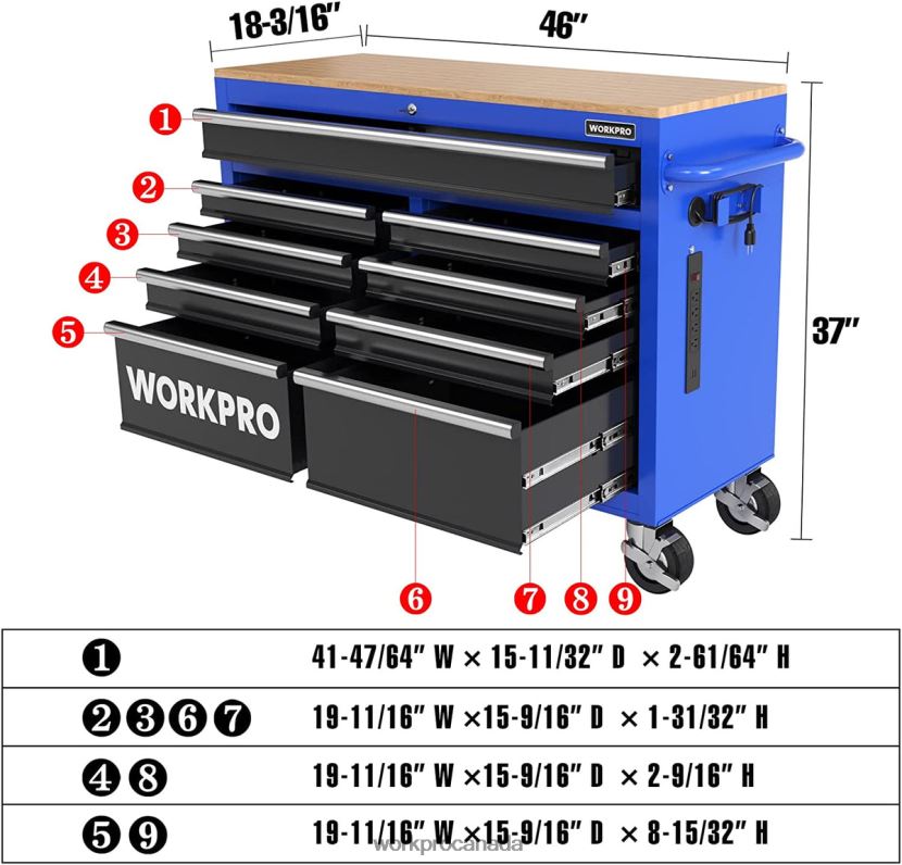 Morden WORKPRO 46-Inch 9-Drawers Rolling Tool Chest with Wooden Top, Equipped with Casters, Handle, Drawer Liner, and Locking System, 1200 lbs Load Capacity Storage ZNRDXV15