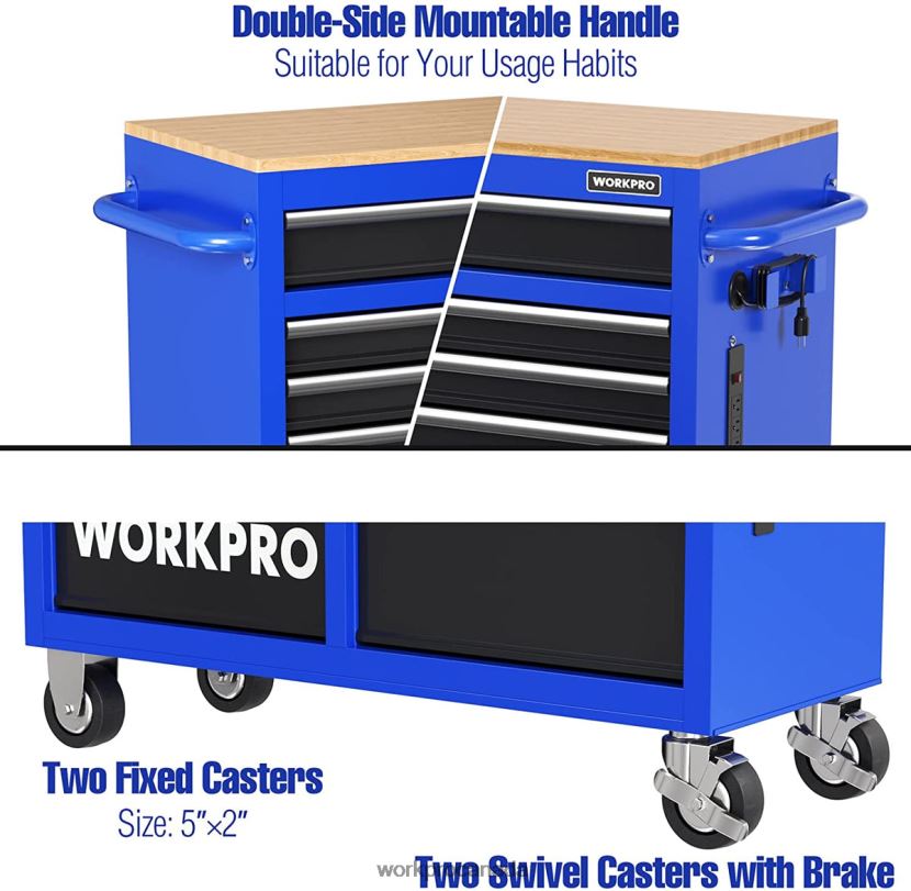 Morden WORKPRO 46-Inch 9-Drawers Rolling Tool Chest with Wooden Top, Equipped with Casters, Handle, Drawer Liner, and Locking System, 1200 lbs Load Capacity Storage ZNRDXV15
