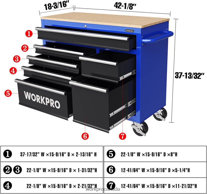 New WORKPRO 42-Inch 7-Drawers Rolling Tool Chest with Wooden Top, Equipped with Casters, Handle, Drawer Liner, and Locking System, 1000 lbs Load Capacity Storage ZNRDXV26