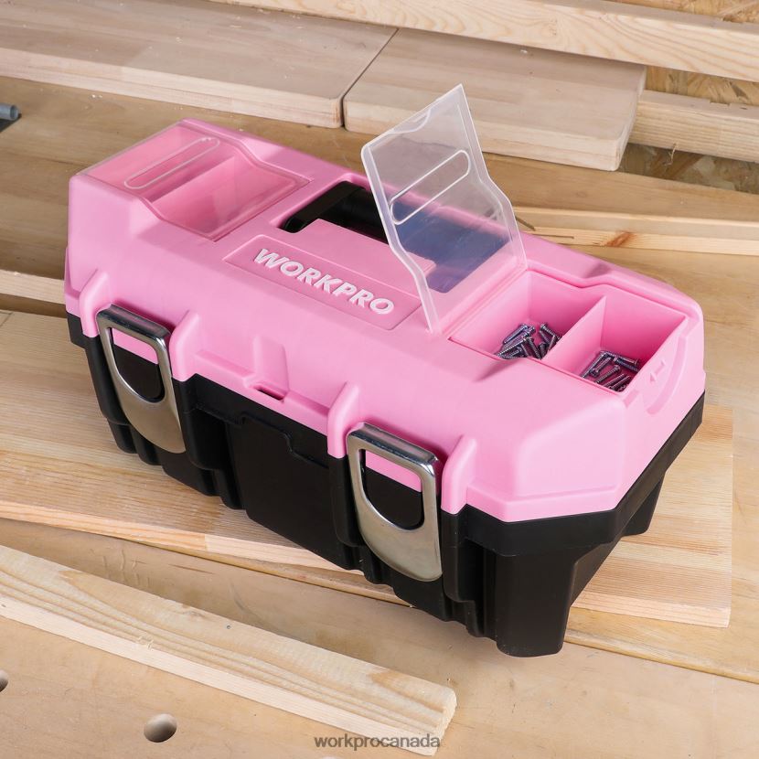 Pink WORKPRO 16-inch Tool Box, Plastic Toolbox with Metal Latch and Removable Tray Storage ZNRDXV23