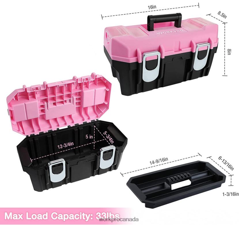 Pink WORKPRO 16-inch Tool Box, Plastic Toolbox with Metal Latch and Removable Tray Storage ZNRDXV23