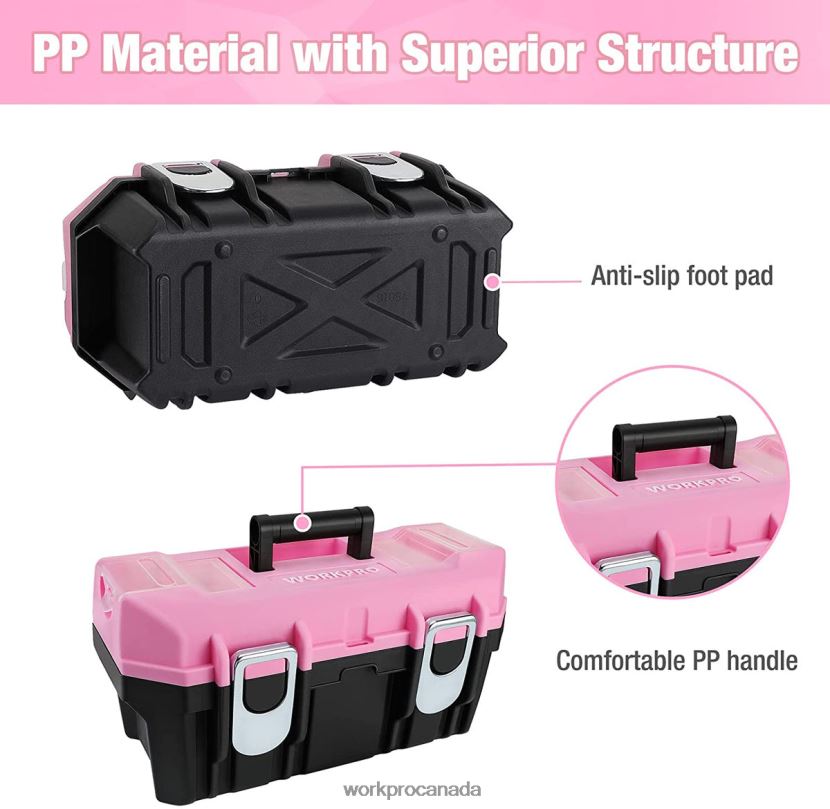 Pink WORKPRO 16-inch Tool Box, Plastic Toolbox with Metal Latch and Removable Tray Storage ZNRDXV23