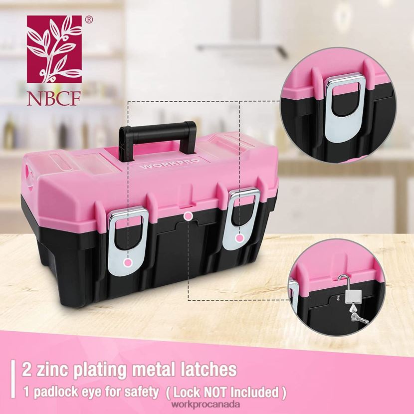 Pink WORKPRO 16-inch Tool Box, Plastic Toolbox with Metal Latch and Removable Tray Storage ZNRDXV23