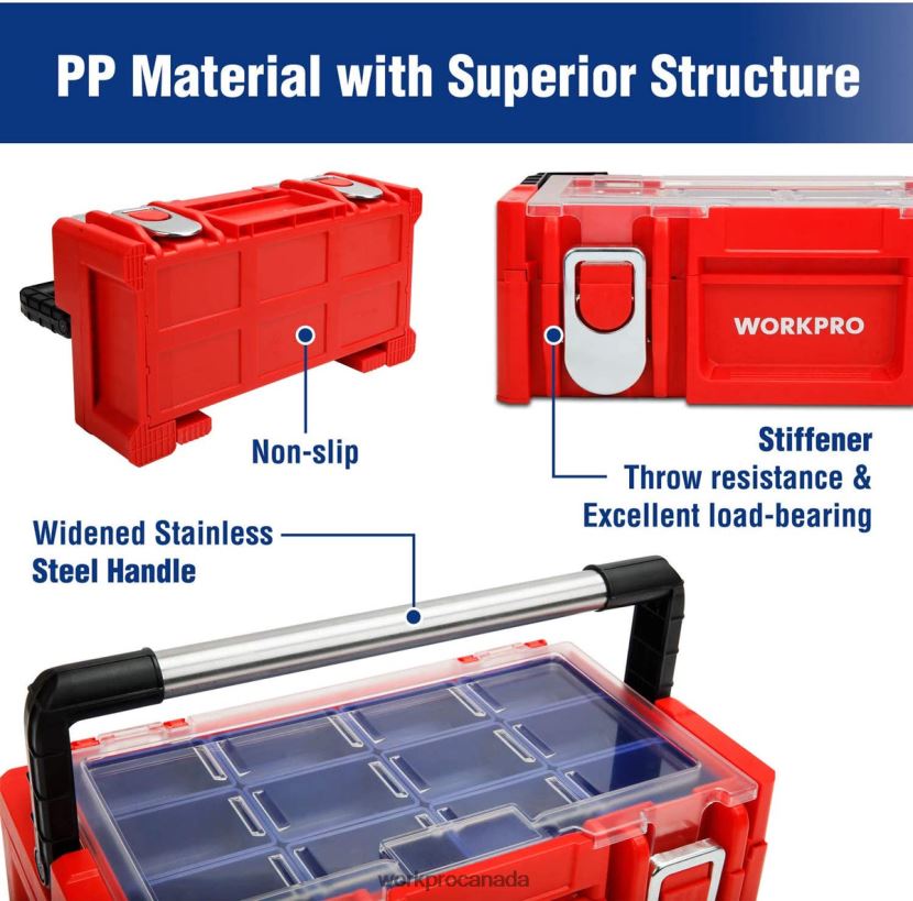 Red WORKPRO 17-inch Plastic Tool Box, Storage Box with Locking Lid and Stainless Steel Handle Storage ZNRDXV25
