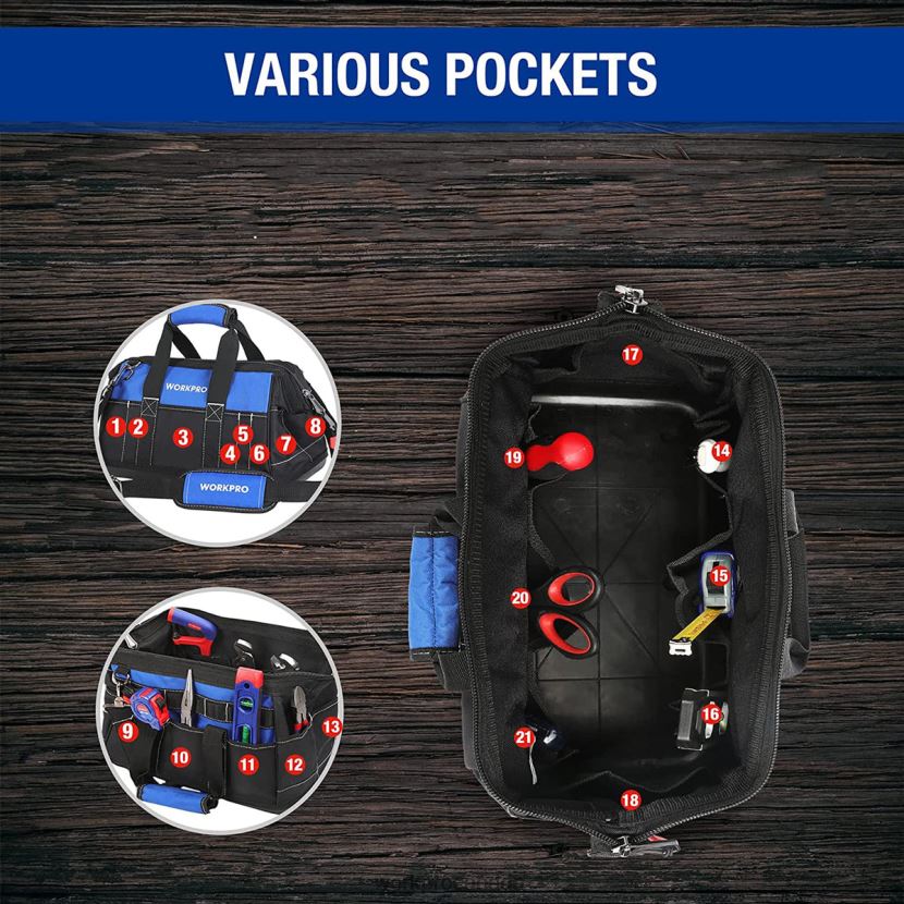 Useful WORKPRO 16-inch Wide Mouth Tool Bag with Water Proof Molded Base Storage ZNRDXV34
