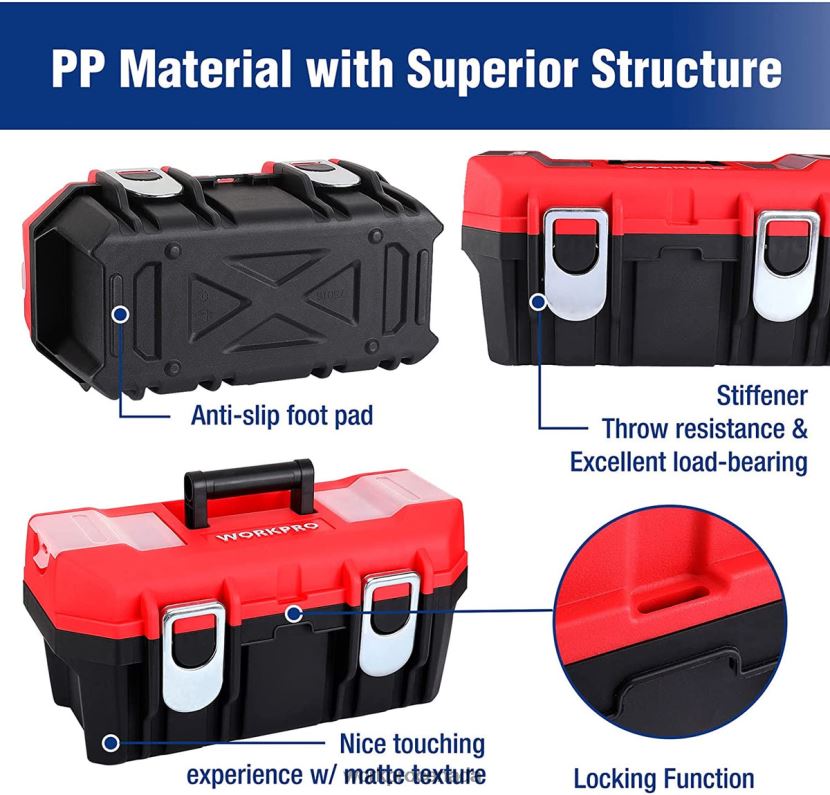 Useful WORKPRO Tool Box Portable with Removable Tray Heavy Duty Toolbox with 2 Metal Latches Storage ZNRDXV33