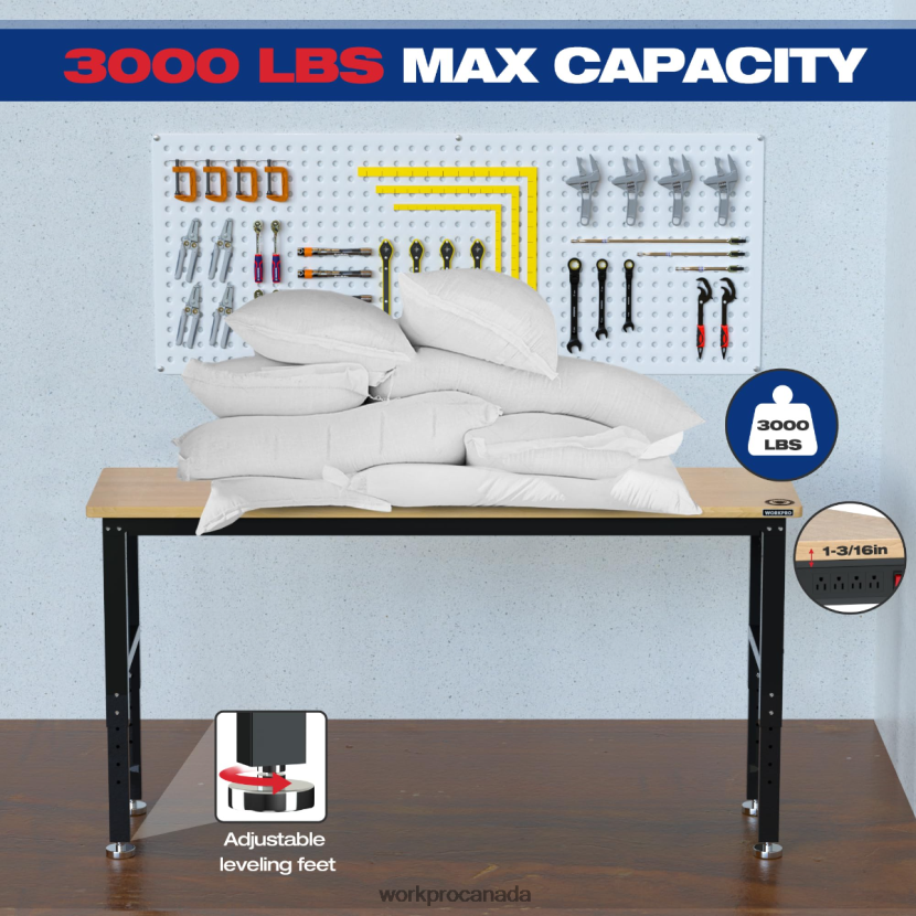 Useful WORKPRO Adjustable Workbench 3000 LBS Load Capacity Hardwood Worktable with Power Outlets Storage ZNRDXV4