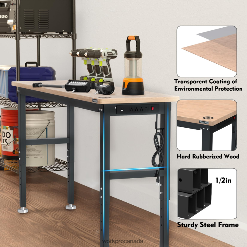 Useful WORKPRO Adjustable Workbench 3000 LBS Load Capacity Hardwood Worktable with Power Outlets Storage ZNRDXV4