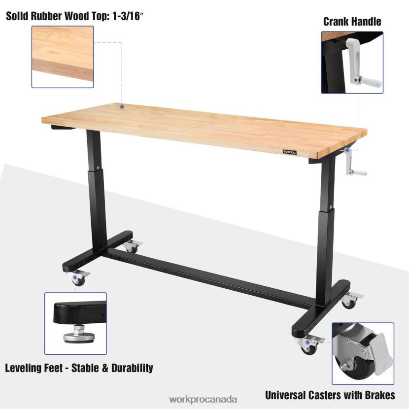 Useful WORKPRO Height Adjustable Work Table with Crank Handle, with Casters and Leveling Feet, 500 Lbs Load Capacity Storage ZNRDXV3